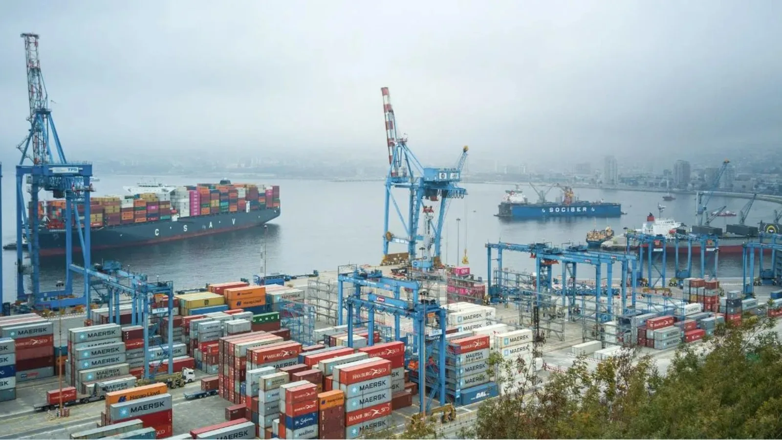 Patio de contenedores y grúas de puerto con buques atracados
