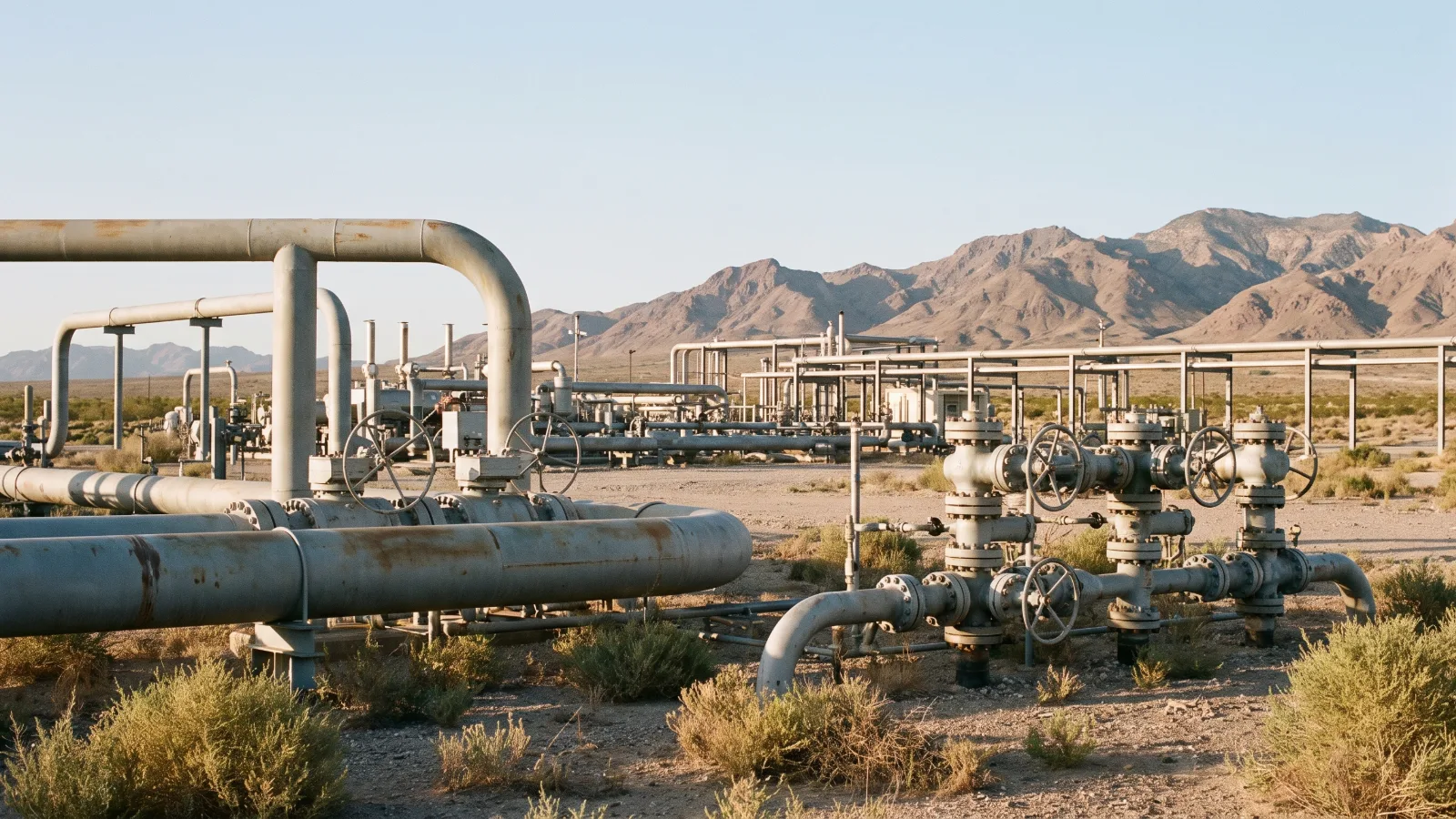Estación de compresión y tuberías de gas natural en el desierto del norte de México