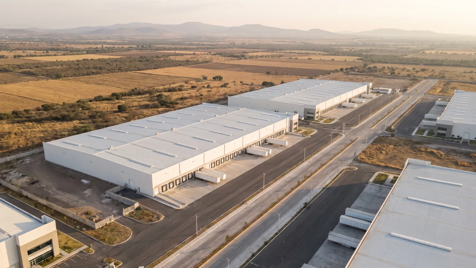 Vista aérea de naves logísticas con andenes de carga en un parque industrial del Bajío