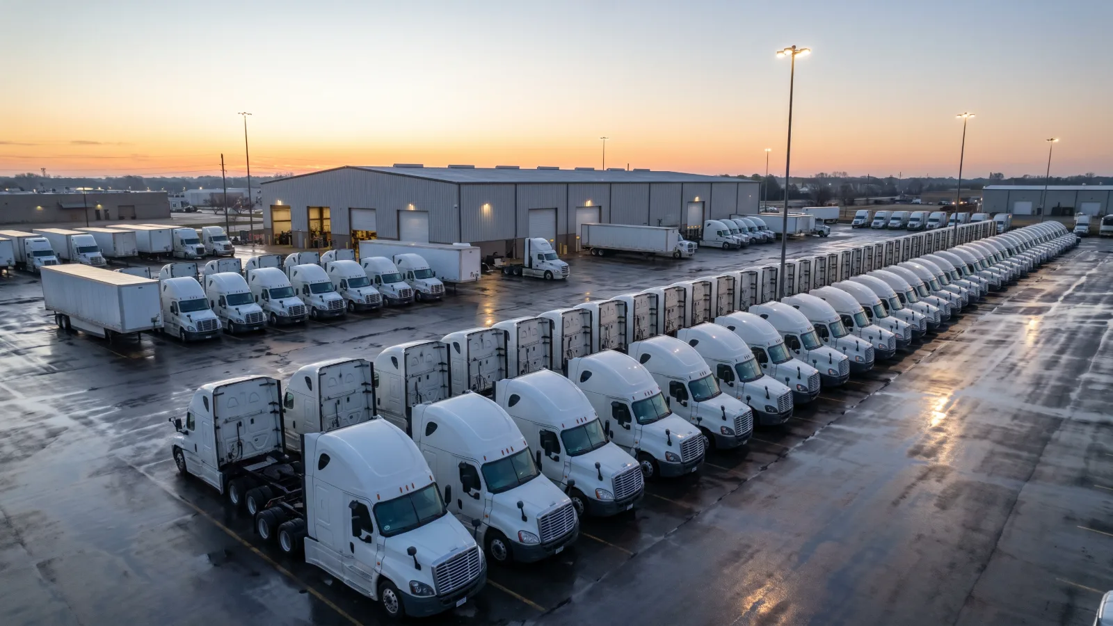 Patio de una empresa de autotransporte con filas de tractocamiones blancos al amanecer